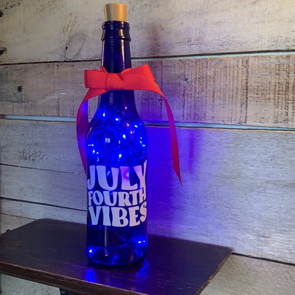 Hand Crafted- ‘July Fourth Vibes’ blue bottle lantern
